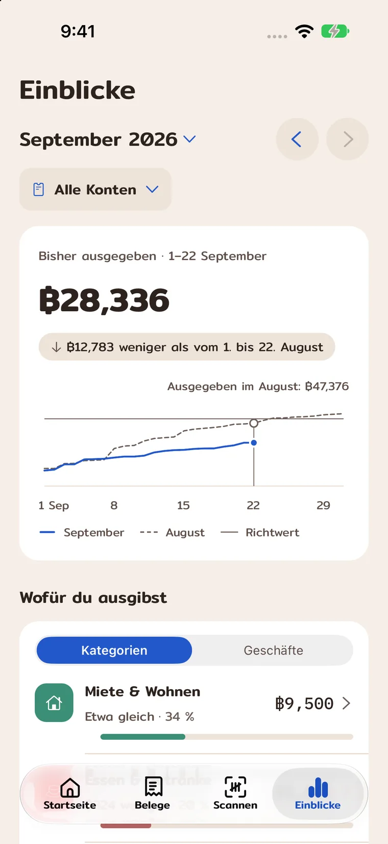 Monatssummen und Ausgaben nach Kategorie.
