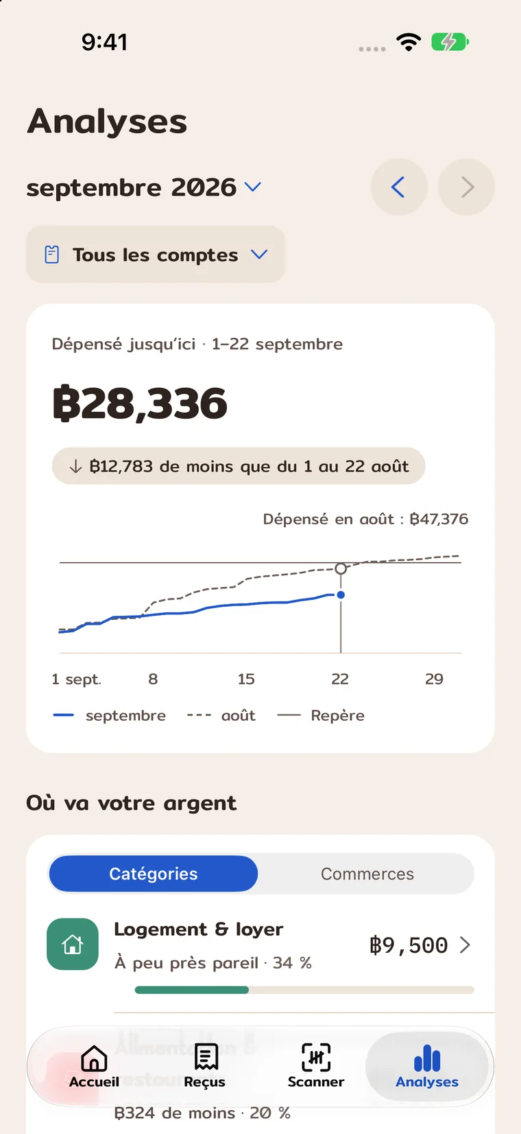 Total des dépenses du mois et répartition par catégorie.