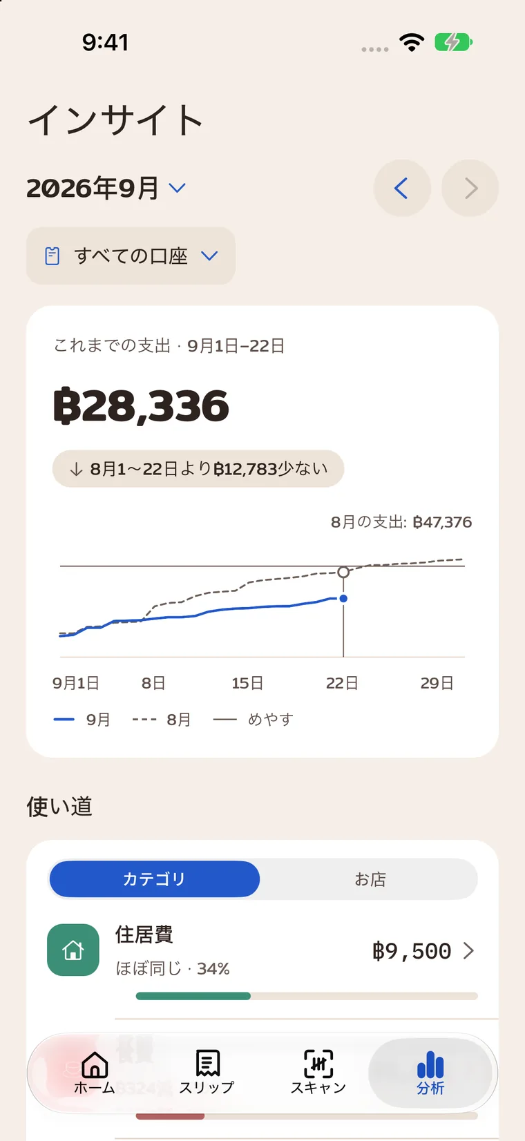 月の支出の合計とカテゴリ別の内訳。
