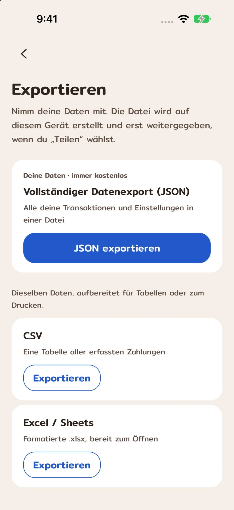 Als JSON, CSV, Excel oder PDF exportieren.