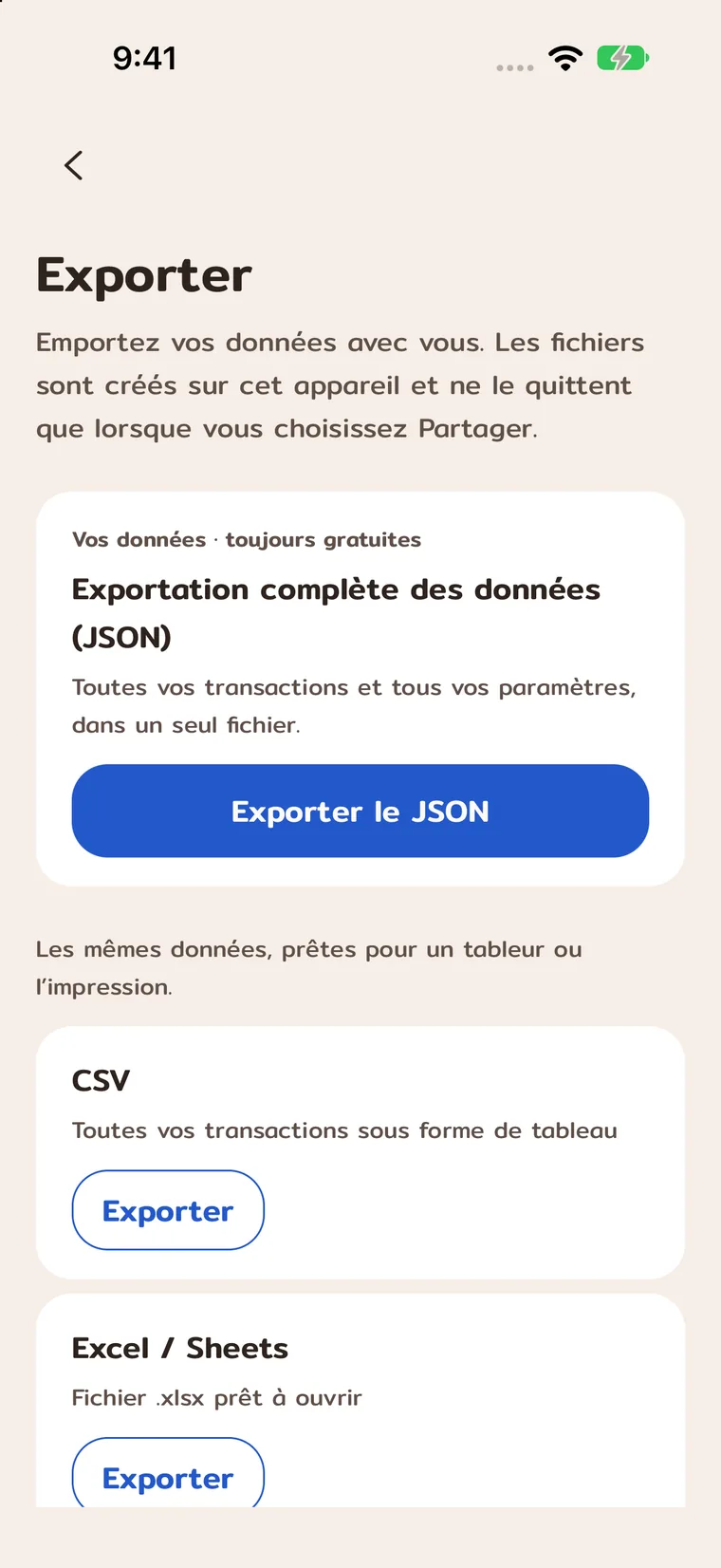 Exporter en JSON, CSV, Excel ou PDF.