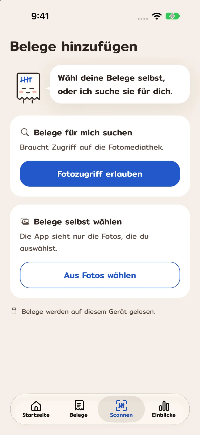 Belege hinzufügen: Fotos auswählen oder Zugriff zum Suchen erlauben.