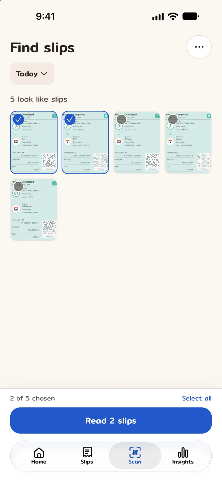 Slip Tracker finds five sample payment slips in Photos, with two chosen to read.