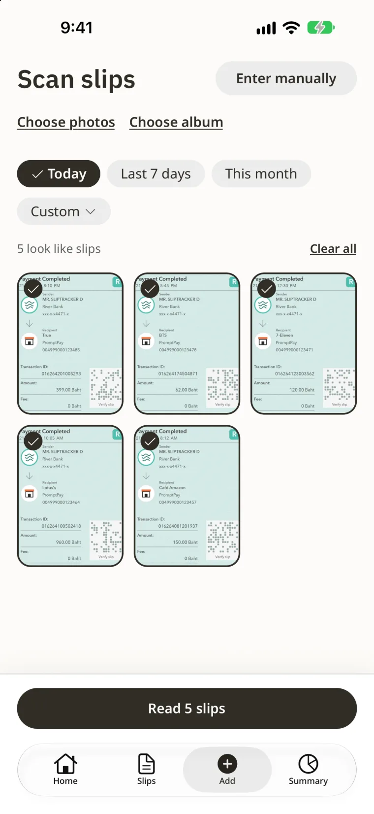 Scan slips: payment slips from today found in your photos, ready to read.