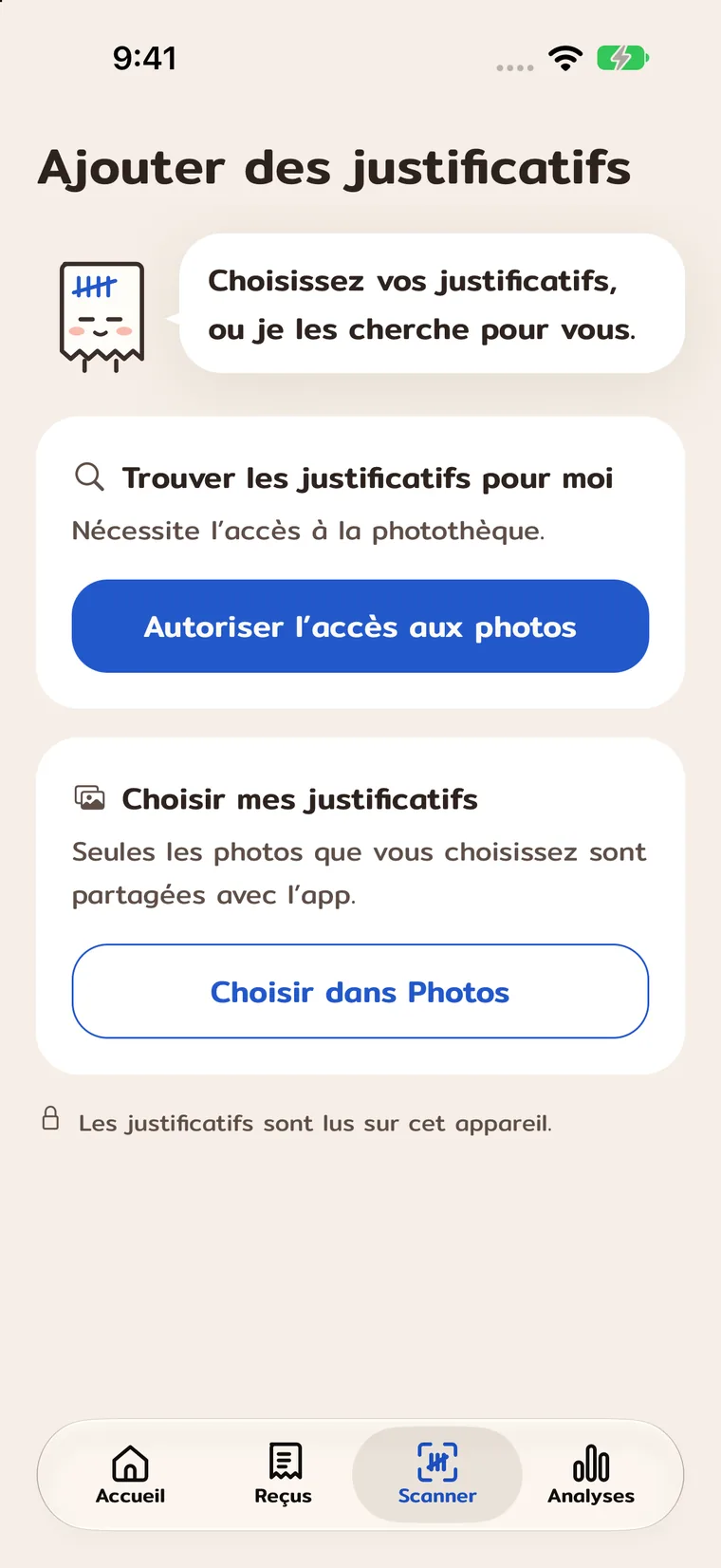 Ajouter des justificatifs en choisissant des photos ou en autorisant leur recherche.