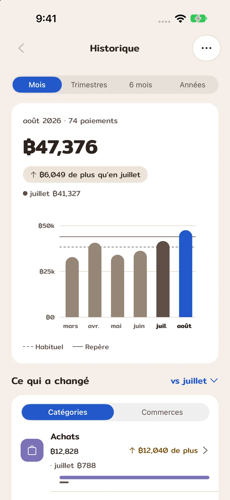 Historique avec barres mensuelles et total du mois choisi.