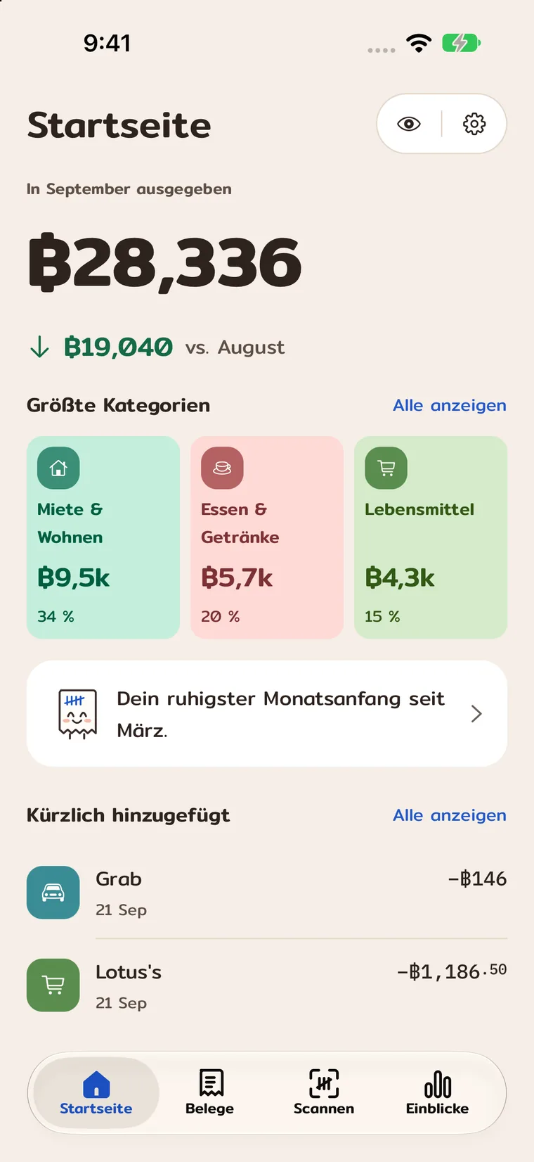 Startseite mit Monatsausgaben, wichtigsten Kategorien und neuen Transaktionen.
