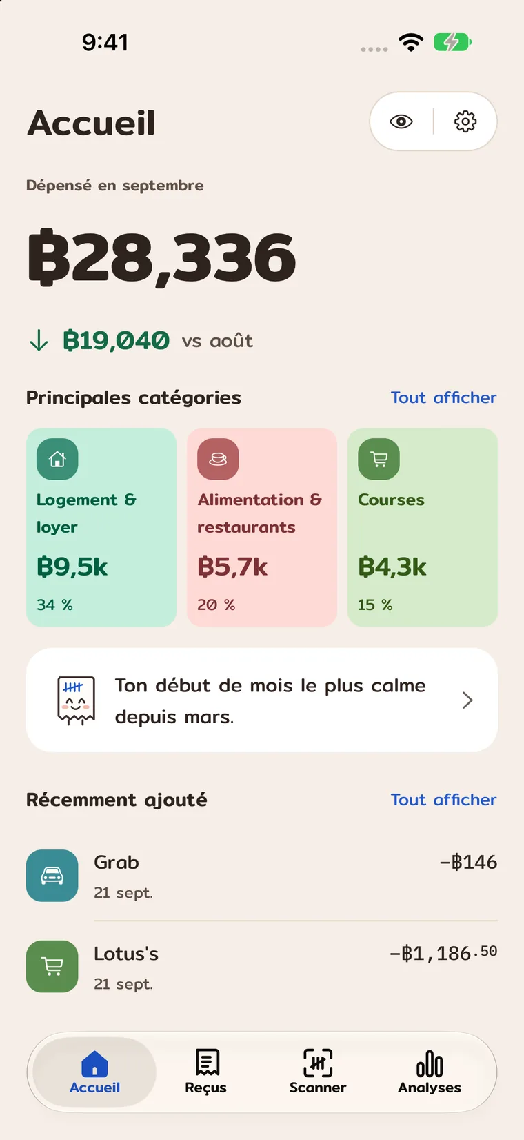 Accueil avec dépenses du mois, principales catégories et transactions récentes.