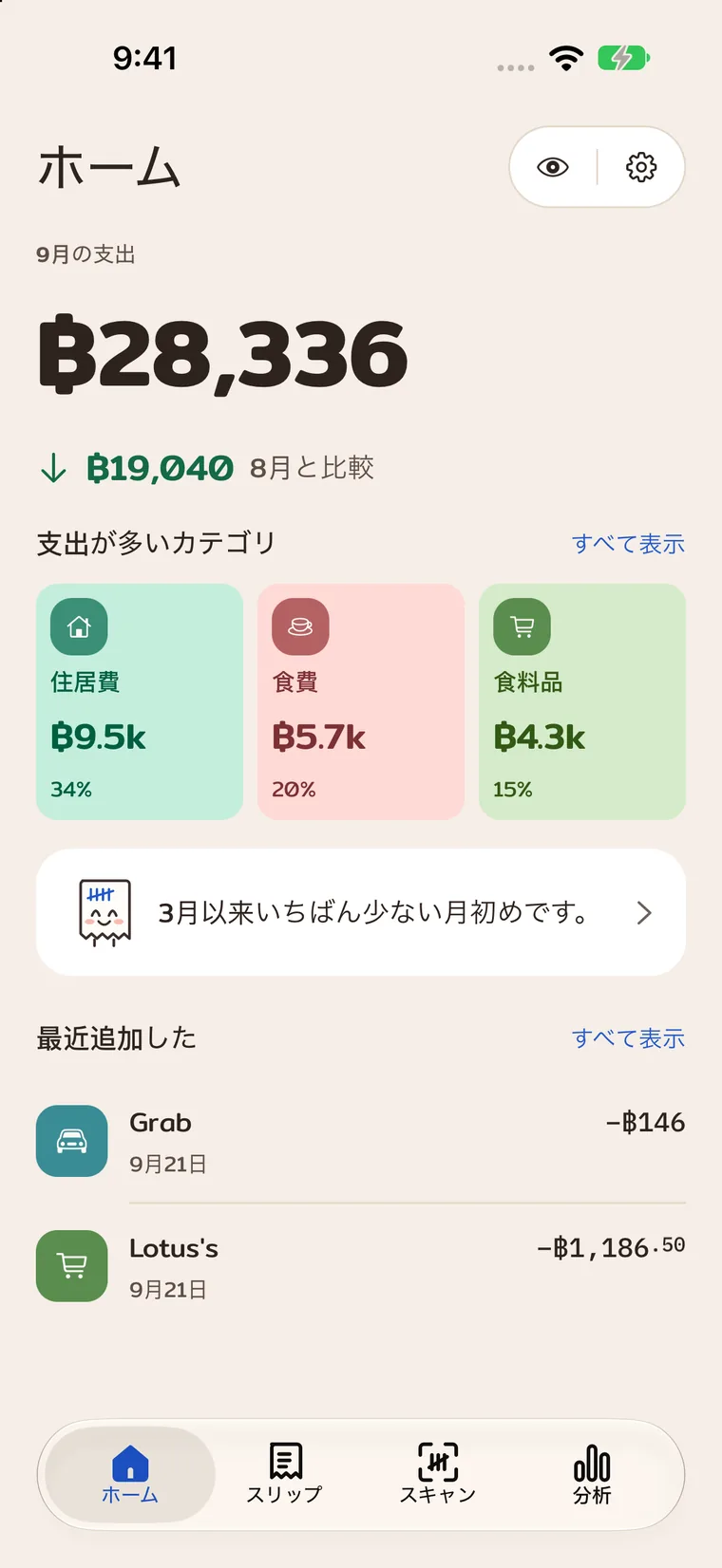 ホーム画面。月の支出、主なカテゴリ、最近追加した取引。