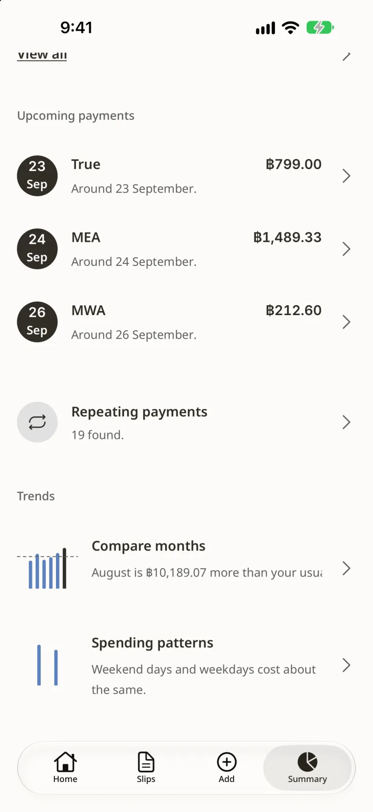 Summary with upcoming repeating payments and spending trends.