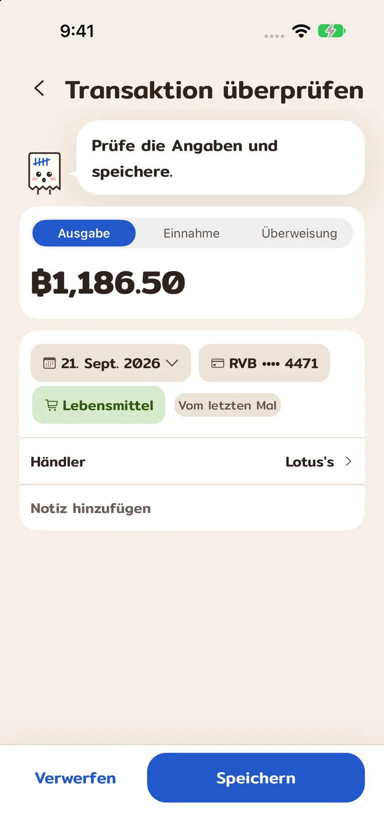 Betrag, Name und Kategorie vor dem Speichern prüfen.