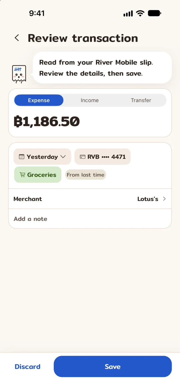 The Review screen with Lotus’s, 1,186.50 baht, and Groceries filled in.
