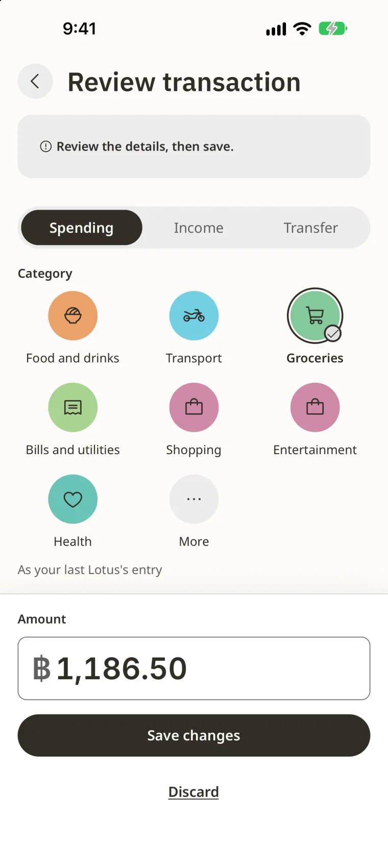 Review a payment’s amount, name and category before saving.